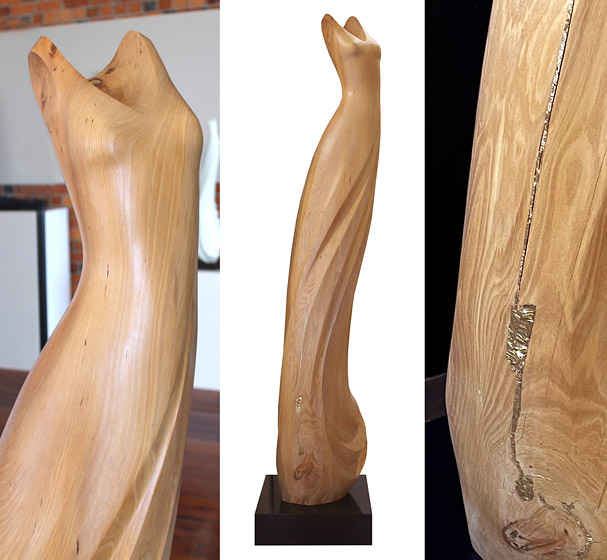 Anna Korver nz wood sculptor, totara dress figure sculpture